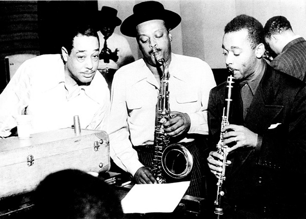 From L to R: Duke Ellington, Ben Webster, Jimmy Hamilton