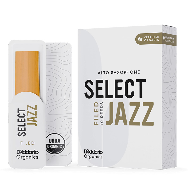 Image of the box of Select Jazz reeds by D'Addario against an image of a single reed in the paper packaging. 