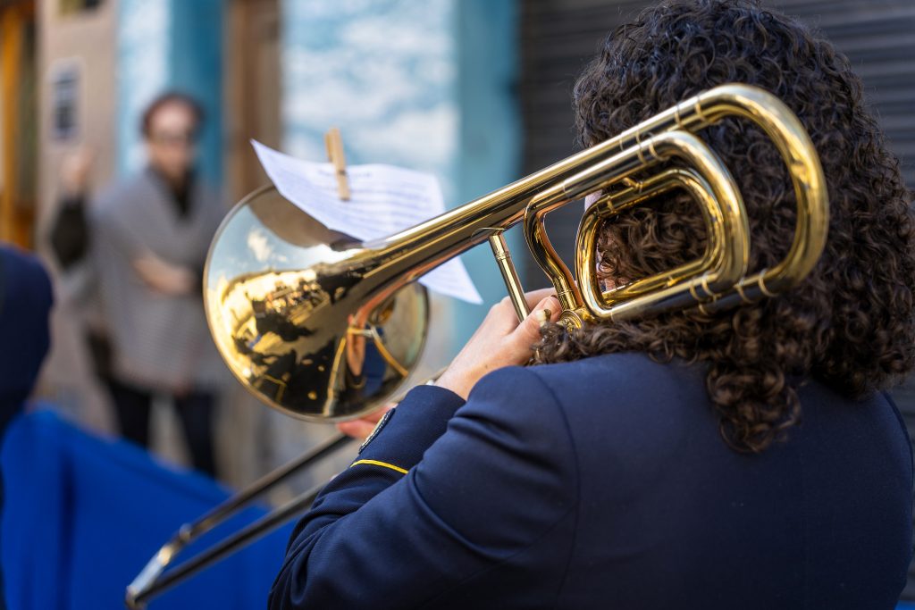 Wind instrument music band making music on the street.